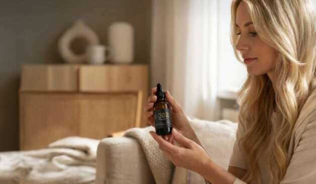 Frau mit CBD-Öl-Flasche im Wohnzimmer