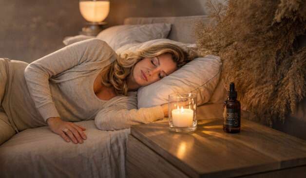 Abendstimmung mit Kerze und CBD-Öl am Nachttisch